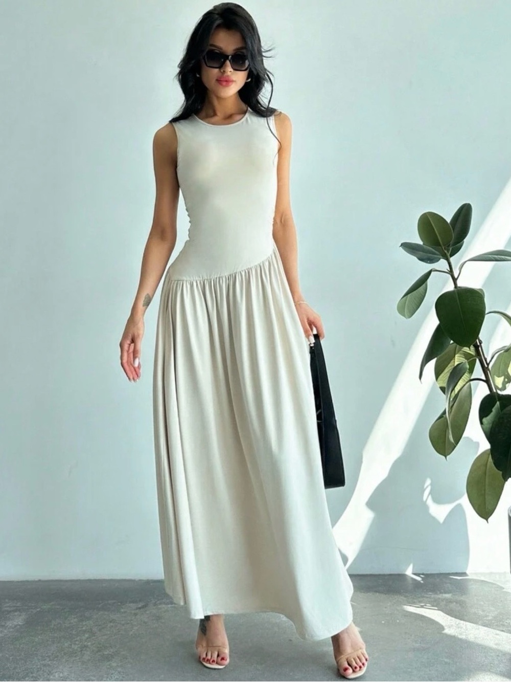 Ivory One-Shoulder Effect Asymmetrical Maxi Dress